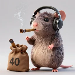 3d anthropomorphic male rat holding a 40oz in a brown bag whilst smoking a blunt and listening to music on his headphones