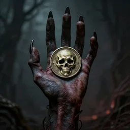 a demon hand holding a coin worth 1 human soul to be traded in hell. centered. horror dystopia style. highly detailed 8 k. intricate. nikon d 8 5 0 3 0 0 mm. award winning photography.