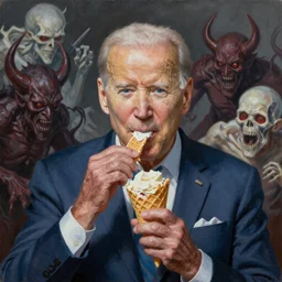 epic Joe Biden eating a waffle cone in pandemonium, demons and souls, portrait, art by Wayne Barlowe, oil on canvas