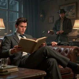 an energetic politician reads to a spy in a lounging room, digital art, unreal 5, DAZ, hyperrealistic, octane render, dynamic lighting