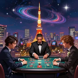 people playing in a casino gambling in tokyo by inio asano, beeple and james jean, aya takano color style, 4 k, super detailed, night sky, digital art, digital painting, celestial, majestic, colorful