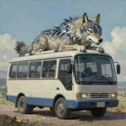Mythical creature - hybrid of bus and wolf, having head of wolf and body of bus, like catbus from Ghibli studio, oil on canvas, fantasy, digital painting, concept art, smooth, sharp focus, illustration, artstation trending, octane render, unreal engine, witcher 3