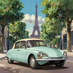 a wholesome animation key shot of!! one!! focused! 1 9 7 4 citroen ds! in a tree lined paris street with a view of eiffel tower, medium shot, studio ghibli, ( pixar ) and disney animation, sharp, very detailed, high resolution, rendered in unreal engine 5, anime key art by greg rutkowski, bloom, dramatic lighting