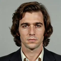 A mugshot portrait of a man who looks like Jerma985 with medium length wavy hair, a combover and wearing late 1970s menswear in the late 1970s, taken in the late 1970s, grainy, realistic, hyperrealistic, very realistic, highly detailed, very detailed, extremely detailed, detailed, trending on artstation, front facing, front view, headshot and bodyshot, detailed face, very detailed face