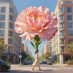 big carnation flower head, woman walking between luxury apartments, surreal photography, sunlight, impressionist painting, digital painting, artstation, simon stalenhag