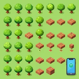 A isometric game assets spritesheet from dofus Online, tree of savior and mobile.  HD vector Containing modular props,  terrain, trees, floor, bricks, platform, vector art, very detailed