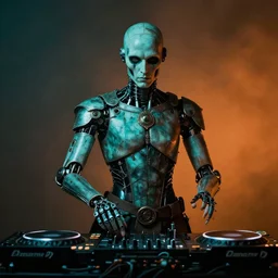 portrait of a medieval cyborg dj at a rave, by hans bellmer, by caravaggio, teal orange, studio light, cinematic light