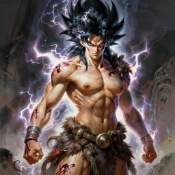Muscular ultraviolent Saiyan woman, wild spiky black Saiyan hair, electrified hair, barbarian pelt, cavewoman, prehistoric fantasy, primeval fantasy, electricity aura, battle scars across body, battle-scarred, bloody, drawn by Frank Frazetta, pulp art, hyper-detailed