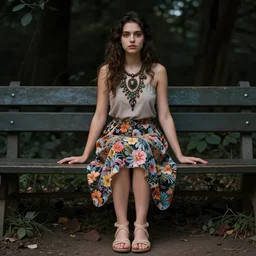 dslr photo of a pretty young woman, full bodied portrait, sitting on a bench wearing a flower skirt, and body and wearing hemp sandals and a very detailed faerie necklace around neck, artgerm, artstation, very high quality face, extremely high quality, moody lighting, real camera, real photo, photography by deviantart, 8 k
