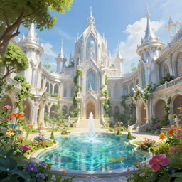 a wide open courtyard in a beautiful elven city made of ivory and silver, vivid colors, lush trees, flowers, ponds, fountain, subsurface scattering, volumetric lighting, low angle shot, concept art, fantasy digital painting by James Gurney, by Greg Rutkowski, trending on Artstation, highly detailed