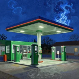 Blue and green Gas station. By (Rembrandt painting(100)(fractal flame)), highly detailded