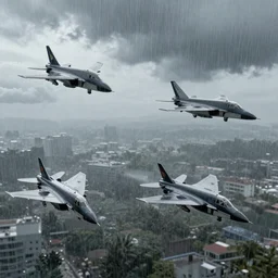 4 jets fly in the rain realistic award winning, trending on artstation, unreal engine
