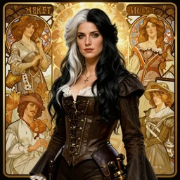 sargent and leyendecker and greg hildebrandt highly detailed portrait of a woman with long black and white hair, swashbuckler, stephen bliss, unreal engine, by greg rutkowski, loish, ferdinand knab, ilya kuvshinov, rossdraws, tom bagshaw, alphonse mucha, global illumination, radiant light, detailed and intricate environment
