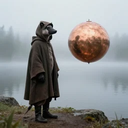 an aardvark, wearing a hooded cloak, stands next to a levitating copper orb, foggy lake, by alan bean