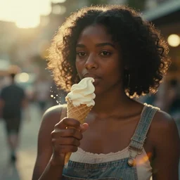 a 3 5 mm photo of a young black woman holding an ice cream cone, splash art, movie still, bokeh, canon 5 0 mm, cinematic lighting, dramatic, film, photography, golden hour, depth of field, award - winning, anamorphic lens flare, 8 k, hyper detailed, 3 5 mm film grain