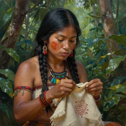 a beautiful painting of a young indigenous female crafting a fabric in the jungle realistic face ayahuasca fantasy art style matte painting highly detailed