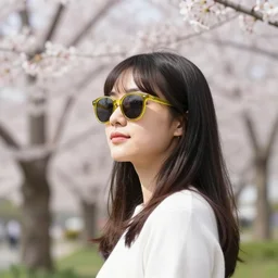 “ a portrait photo of lemon wearing sunglasses at a sakura tree, side shot, by professional photographer, 8 k resolution, high quality ”