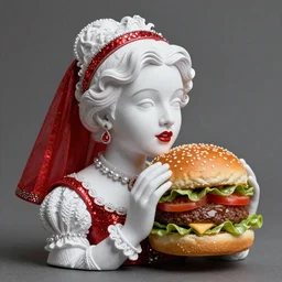 victorian lady earing a burger, full body, intrincate, red and white,  glitter, depth of field, 8k, hyper detailed, trending on artstation
