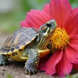 a picture of a turtle hugging a flower, vivid colours, depth of field, 50mm