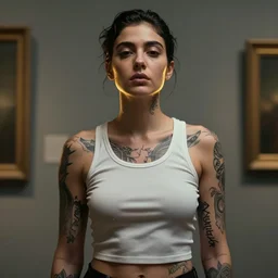 portrait of unseen lovecraftian golden ratio bhad bhabie, tight fit undershirt, bursting at seams, rim lighting, defined neck and face, tattooed toned body, art by j scott campbell and best artist in the year 3 0 0 0, post - processing, 8 k, museum worth