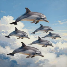 family of dolphins flying through the clouds together science fiction painting