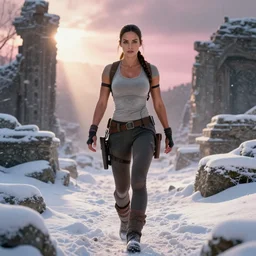 epic portrait of Mila Kunis as muscled Amazon Lara Croft walking through deep snowy ruins, sun rays through snow, pink golden hour, cold stormy wind, intricate, highly detailed, shallow depth of field, epic vista, Ralph Horsley, Daniel F. Gerhartz, Artgerm, Boris Villajo, Lilia Alvarado. IMPORTANT : Two coherent arms, two coherent legs, two coherent and perfect eyes.