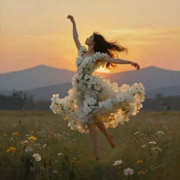 oil painting portrait of a young woman with long dark flowing hair in a dress made of white flowers, dancing levitating floating over a field of flowers at sunset with mountains in the background, hazy, digital art, chiaroscuro, artstation, cinematic, golden hour, digital art painting by greg rutkowski, bouguereau, japanese scifi, hazy atmosphere, flowers, cinematic lighting