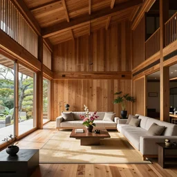 luxurious wooden cottage by alvar aalto, modern Japanese living room, Japanese flower arrangements,  coherent composition, architecturally accurate, architecture photography