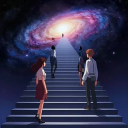 stairway to otherworldly galaxies, pixiv fanbox, cinematic light, anime style, graphic novel by fiona staples and dustin nguyen, peter elson, alan bean, wangechi mutu, clean cel shaded vector art, trending on artstation
