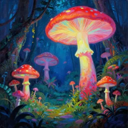 felucia landscape, neon jungle giant fluorescent fungi, colorful painting by ralph mcquarrie