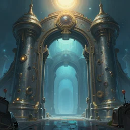 dream, surreal, warm top light ， concept art by raphael lacoste ， artgerm and john berkey, illustration,, digital painting, huge ， highly detailed, sharp focus, epic, artstation, artstation, octane render, smooth, smooth, symmetric!! vanishing point, aqua blue, steampunk gate to another dimension ， night