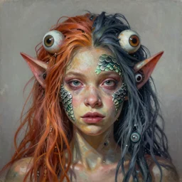a highly detailed hyperrealistic painting of an ogre girl with many colored hair, multiple eyes, and scales on her face