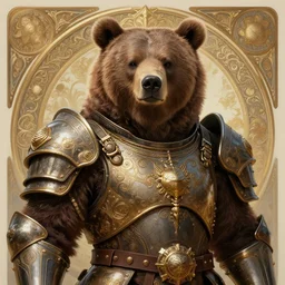 portrait of a brown bear wearing battle armor, solarpunk, intricate, elegant, highly detailed, ray tracing, digital painting, artstation, concept art, smooth, sharp focus, illustration, art by artgerm and greg rutkowski and alphonse mucha, 8 k