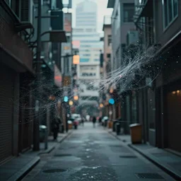 a thin layer of microscopic multi-colored glitter twists and twirls in a light breeze above the narrow streets of a cyberpunk city