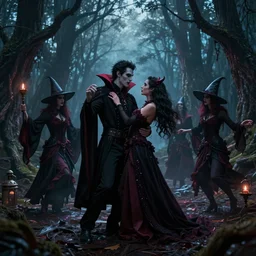 masterpiece demons, vampires and witches dancing in the scary woods at dusk, by jeffrey smith and stanley donwood. volumetric lighting, photorealistic, intricate, trending on artstation 8 k