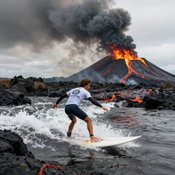 medium shot of a person wearing a sponsored team jersey surfing down a river of lava on the side of a volcano on surfboard, action shot, dystopian, thick black smoke and fire, sharp focus, wide angle shot
