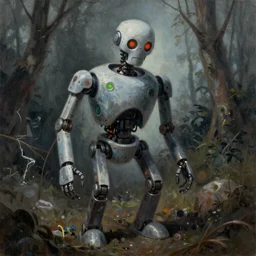an epic painting of a creepy robot by jakub rozalski