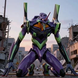 Evangelion unit 01 pallete , zoom shot, telephoto lens, low aperture street level, buildings collapsed ,hyper-realistic, your name sky, evening, octane rendering , inspired by Katsuhiro Otomo, pixelactivist