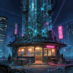 a beautiful ultradetailed anime illustration of abandoned restaurant by toyo ito, universe steampunk gem retrowave tundra at night laser cgsociety studio ghibli made of glass forest tokyo nightsky matte painting neon signs postcyberpunk hyperrealism anime morning sun nightvision, archdaily, wallpaper, highly detailed, trending on artstation.
