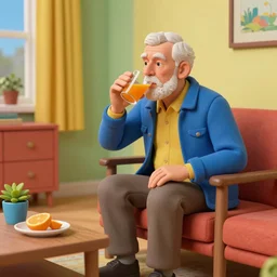 a 3 d model of an old man drinking juce in his apartment by john hoyland, surreal, vibrant colors, octane renderer, trending on pinterest