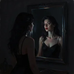 silhouette of a beautiful woman gazing in a mirror, pitch black room, extremely detailed masterpiece, oil on canvas, low-key neon lighting, artstation, The 7th Key, Roger Deakin’s cinematography, by Julia Soboleva,