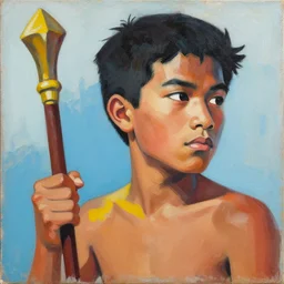 greg manchess side portrait of a filipino fighter with a scepter, organic painting, sunny day, matte painting, bold shapes, hard edges, street art, trending on artstation, by huang guangjian, gil elvgren, ruan jia, randy vargas, greg rutkowski