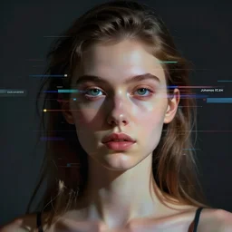 portrait of a youthful beautiful women, mysterious, glitch effects over the eyes, shadows, by Guy Denning, by Johannes Itten, by Russ Mills, centered, glitch art, innocent, hacking effects, chromatic, cyberpunk, color blocking, digital art, concept art, abstract