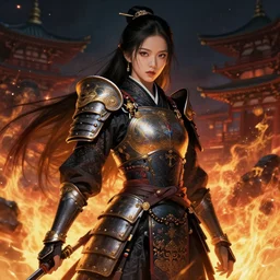 jisoo blackpink samurai girl, armored samurai clothes, in japanese temple fire stormy sparkles night, ssci - fi and fantasy, intricate and very very beautiful and elegant, highly detailed, digital painting, artstation, concept art, smooth and sharp focus, illustration, art by tian zi and wlop and alphonse mucha