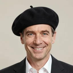 lloyd grossman wears a fine beret and is smiling happily in the foreground as the masterchef studio burns in chaos behind him, contestants are in wild panic