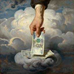 a painting of a hand descending from the clouds demanding payment, in the style of an epic Thomas Cole painting