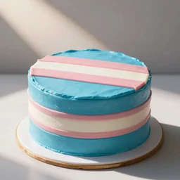 cake with the trans flag on it, blue pink white flag, detailed cute, HD food photography