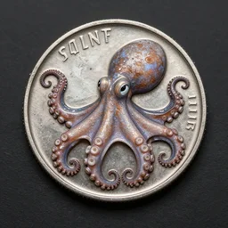 A small silver coin in the paws of a large octopus, trending on artstation, 30mm, by Noah Bradley