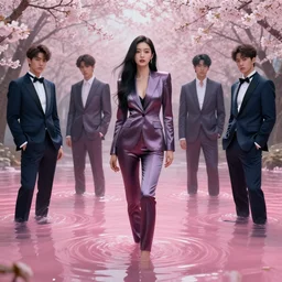 lee jin - eun in luxurious space slim suit emerging from pink water in cyberpunk theme by greg rutkowski, claude monet, conrad roset, takato yomamoto, james jean, rule of thirds, seductive look, beautiful, sakura flowers,, refined, masterpiece