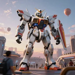 a beautiful hyperrealistic ultradetailed 3 d render of a gigantic mecha guarding a sci - fi spaceport, by charlie bowater : 3, mech, unreal engine, octane render, gigantic, unreal engine, octane render, 3 d, brilliantly coloured, intricate, ultra wide angle, trending on artstation, dusk, volumetric lighting, hdr, polished, micro details, ray tracing, 8 k : 2, people, sphere, balloon, blurry, blur, depth of field, dof, bokeh, obscured, macro : - 1